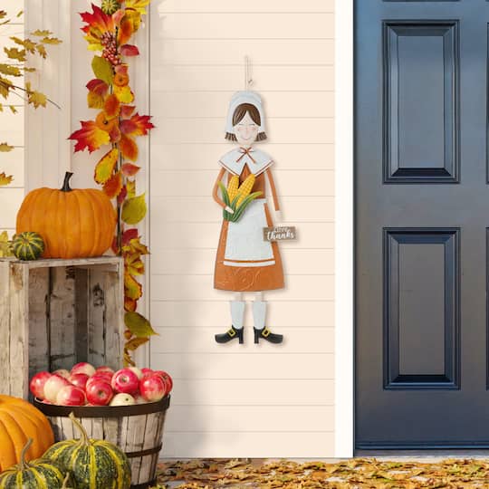 Glitzhome® Metal Thanksgiving Pilgrim Hanging Or Standing Yard Stake Set